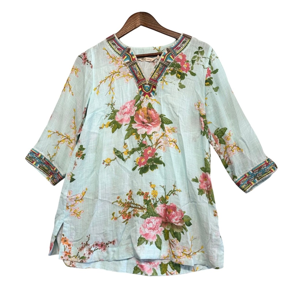 Soft Surroundings Womens Tunic Top Size XS Floral Embroidered V-Neck Resortwear‎